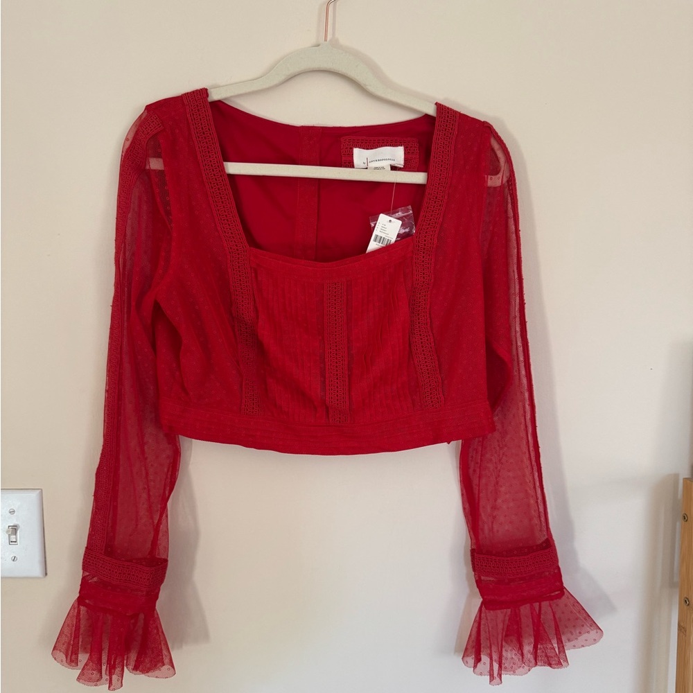 Anthropologie Red Ruffled Lace Crop Blouse and Matching Skirt